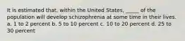 It is estimated that, within the United States, _____ of the population will develop schizophrenia at some time in their lives. a. 1 to 2 percent b. 5 to 10 percent c. 10 to 20 percent d. 25 to 30 percent