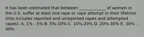 It has been estimated that between _____________ of women in the U.S. suffer at least one rape or rape attempt in their lifetime (this includes reported and unreported rapes and attempted rapes). A. 1% - 5% B. 5%-10% C. 10%-20% D. 20%-30% E. 30% - 40%