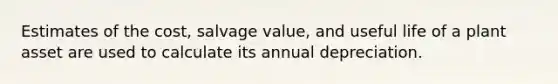 Estimates of the cost, salvage value, and useful life of a plant asset are used to calculate its annual depreciation.