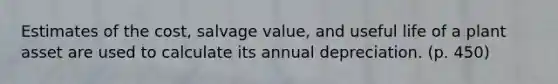 Estimates of the cost, salvage value, and useful life of a plant asset are used to calculate its annual depreciation. (p. 450)