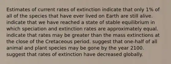 Estimates of current rates of extinction indicate that only 1% of all of the species that have ever lived on Earth are still alive. indicate that we have reached a state of stable equilibrium in which speciation and extinction rates are approximately equal. indicate that rates may be greater than the mass extinctions at the close of the Cretaceous period. suggest that one-half of all animal and plant species may be gone by the year 2100. suggest that rates of extinction have decreased globally.