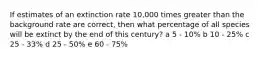 If estimates of an extinction rate 10,000 times greater than the background rate are correct, then what percentage of all species will be extinct by the end of this century? a 5 - 10% b 10 - 25% c 25 - 33% d 25 - 50% e 60 - 75%