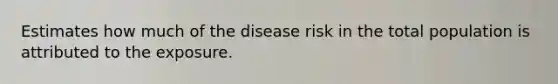 Estimates how much of the disease risk in the total population is attributed to the exposure.