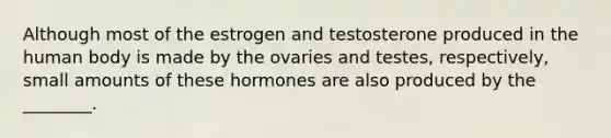 Although most of the estrogen and testosterone produced in the human body is made by the ovaries and testes, respectively, small amounts of these hormones are also produced by the ________.