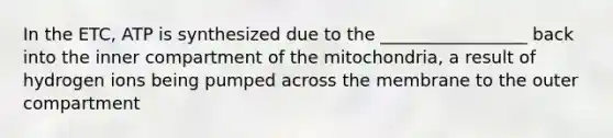 In the ETC, ATP is synthesized due to the _________________ back into the inner compartment of the mitochondria, a result of hydrogen ions being pumped across the membrane to the outer compartment