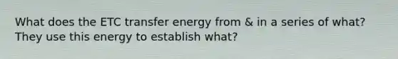 What does the ETC transfer energy from & in a series of what? They use this energy to establish what?