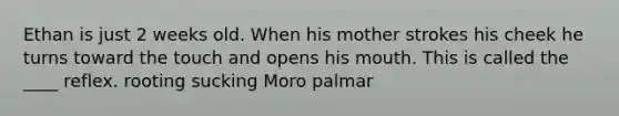 Ethan is just 2 weeks old. When his mother strokes his cheek he turns toward the touch and opens his mouth. This is called the ____ reflex. rooting sucking Moro palmar