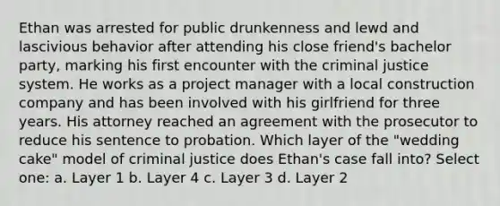 Ethan was arrested for public drunkenness and lewd and lascivious behavior after attending his close friend's bachelor party, marking his first encounter with the criminal justice system. He works as a project manager with a local construction company and has been involved with his girlfriend for three years. His attorney reached an agreement with the prosecutor to reduce his sentence to probation. Which layer of the "wedding cake" model of criminal justice does Ethan's case fall into? Select one: a. Layer 1 b. Layer 4 c. Layer 3 d. Layer 2