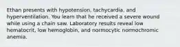 Ethan presents with hypotension, tachycardia, and hyperventilation. You learn that he received a severe wound while using a chain saw. Laboratory results reveal low hematocrit, low hemoglobin, and normocytic normochromic anemia.