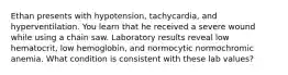 Ethan presents with hypotension, tachycardia, and hyperventilation. You learn that he received a severe wound while using a chain saw. Laboratory results reveal low hematocrit, low hemoglobin, and normocytic normochromic anemia. What condition is consistent with these lab values?