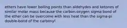 ethers have lower boiling points than aldehydes and ketones of similar molar mass because the carbon-oxygen sigma bond of the ether can be overcome with less heat than the sigma-pi double-bond of the carbonyl