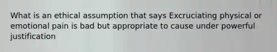 What is an ethical assumption that says Excruciating physical or emotional pain is bad but appropriate to cause under powerful justification