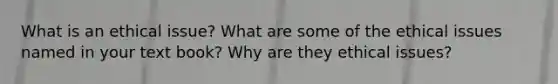 What is an ethical issue? What are some of the ethical issues named in your text book? Why are they ethical issues?