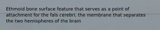 Ethmoid bone surface feature that serves as a point of attachment for the fals cerebri, the membrane that separates the two hemispheres of <a href='https://www.questionai.com/knowledge/kLMtJeqKp6-the-brain' class='anchor-knowledge'>the brain</a>