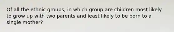 Of all the ethnic groups, in which group are children most likely to grow up with two parents and least likely to be born to a single mother?