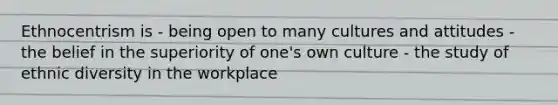 Ethnocentrism is - being open to many cultures and attitudes - the belief in the superiority of one's own culture - the study of ethnic diversity in the workplace