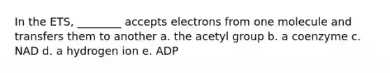 In the ETS, ________ accepts electrons from one molecule and transfers them to another a. the acetyl group b. a coenzyme c. NAD d. a hydrogen ion e. ADP