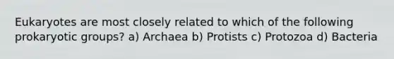 Eukaryotes are most closely related to which of the following prokaryotic groups? a) Archaea b) Protists c) Protozoa d) Bacteria