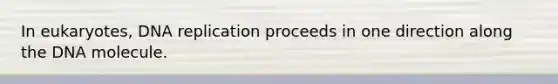 In eukaryotes, <a href='https://www.questionai.com/knowledge/kofV2VQU2J-dna-replication' class='anchor-knowledge'>dna replication</a> proceeds in one direction along the DNA molecule.