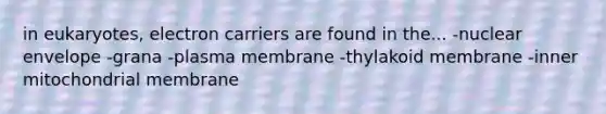 in eukaryotes, electron carriers are found in the... -nuclear envelope -grana -plasma membrane -thylakoid membrane -inner mitochondrial membrane