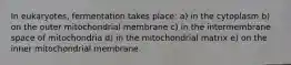 In eukaryotes, fermentation takes place: a) in the cytoplasm b) on the outer mitochondrial membrane c) in the intermembrane space of mitochondria d) in the mitochondrial matrix e) on the inner mitochondrial membrane.