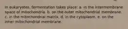 In eukaryotes, fermentation takes place: a. in the intermembrane space of mitochondria. b. on the outer mitochondrial membrane. c. in the mitochondrial matrix. d. in the cytoplasm. e. on the inner mitochondrial membrane.