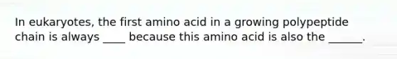 In eukaryotes, the first amino acid in a growing polypeptide chain is always ____ because this amino acid is also the ______.