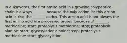 In eukaryotes, the first amino acid in a growing polypeptide chain is always _______ because the only codon for this amino acid is also the _______ codon. This amino acid is not always the first amino acid in a processed protein because of _______. methionine; start; proteolysis methionine; stop; proteolysis alanine; start; glycosylation alanine; stop; proteolysis methionine; start; glycosylation