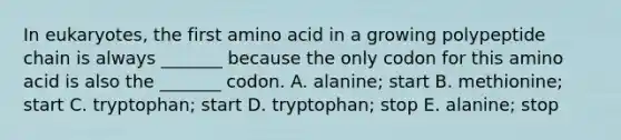 In eukaryotes, the first amino acid in a growing polypeptide chain is always _______ because the only codon for this amino acid is also the _______ codon. A. alanine; start B. methionine; start C. tryptophan; start D. tryptophan; stop E. alanine; stop