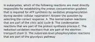 In eukaryotes, which of the following reactions are most directly responsible for establishing the proton concentration gradient that is required for ATP synthesis by oxidative phosphorylation during aerobic cellular respiration? Answer the question by selecting the correct response. A. The isomerization reactions that are part of the citric acid cycle B. The condensation reactions that are part of the protein synthesis process C. The reduction-oxidation reactions that are part of the electron transport chain D. The substrate-level phosphorylation reactions that are part of the glycolysis pathway