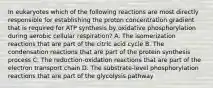 In eukaryotes which of the following reactions are most directly responsible for establishing the proton concentration gradient that is required for ATP synthesis by oxidative phosphorylation during aerobic cellular respiration? A. The isomerization reactions that are part of the citric acid cycle B. The condensation reactions that are part of the protein synthesis process C. The reduction-oxidation reactions that are part of the electron transport chain D. The substrate-level phosphorylation reactions that are part of the glycolysis pathway