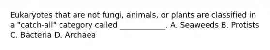 Eukaryotes that are not fungi, animals, or plants are classified in a "catch-all" category called ____________. A. Seaweeds B. Protists C. Bacteria D. Archaea
