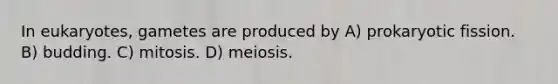 In eukaryotes, gametes are produced by A) prokaryotic fission. B) budding. C) mitosis. D) meiosis.