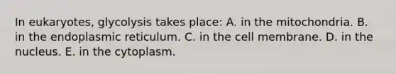 In eukaryotes, glycolysis takes place: A. in the mitochondria. B. in the endoplasmic reticulum. C. in the cell membrane. D. in the nucleus. E. in the cytoplasm.