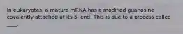 In eukaryotes, a mature mRNA has a modified guanosine covalently attached at its 5' end. This is due to a process called ____.