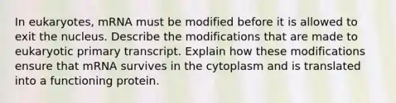 In eukaryotes, mRNA must be modified before it is allowed to exit the nucleus. Describe the modifications that are made to eukaryotic primary transcript. Explain how these modifications ensure that mRNA survives in the cytoplasm and is translated into a functioning protein.