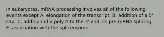 In eukaryotes, m<a href='https://www.questionai.com/knowledge/kapY3KpASG-rna-processing' class='anchor-knowledge'>rna processing</a> involves all of the following events except A. elongation of the transcript. B. addition of a 5' cap. C. addition of a poly A to the 3' end. D. pre-mRNA splicing. E. association with the spliceosome.