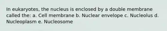 In eukaryotes, the nucleus is enclosed by a double membrane called the: a. Cell membrane b. Nuclear envelope c. Nucleolus d. Nucleoplasm e. Nucleosome