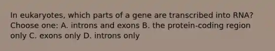 In eukaryotes, which parts of a gene are transcribed into RNA? Choose one: A. introns and exons B. the protein-coding region only C. exons only D. introns only