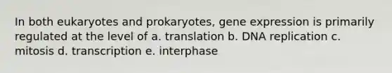 In both eukaryotes and prokaryotes, <a href='https://www.questionai.com/knowledge/kFtiqWOIJT-gene-expression' class='anchor-knowledge'>gene expression</a> is primarily regulated at the level of a. translation b. <a href='https://www.questionai.com/knowledge/kofV2VQU2J-dna-replication' class='anchor-knowledge'>dna replication</a> c. mitosis d. transcription e. interphase