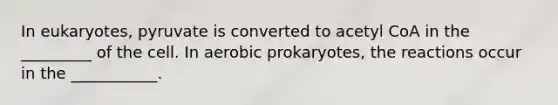 In eukaryotes, pyruvate is converted to acetyl CoA in the _________ of the cell. In aerobic prokaryotes, the reactions occur in the ___________.