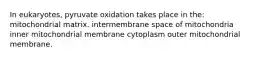 In eukaryotes, pyruvate oxidation takes place in the: mitochondrial matrix. intermembrane space of mitochondria inner mitochondrial membrane cytoplasm outer mitochondrial membrane.