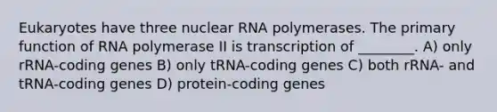 Eukaryotes have three nuclear RNA polymerases. The primary function of RNA polymerase II is transcription of ________. A) only rRNA-coding genes B) only tRNA-coding genes C) both rRNA- and tRNA-coding genes D) protein-coding genes