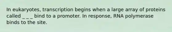 In eukaryotes, transcription begins when a large array of proteins called _ _ _ bind to a promoter. In response, RNA polymerase binds to the site.