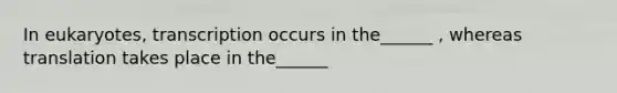 In eukaryotes, transcription occurs in the______ , whereas translation takes place in the______