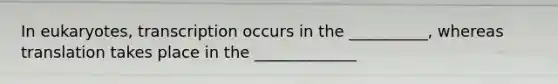In eukaryotes, transcription occurs in the __________, whereas translation takes place in the _____________