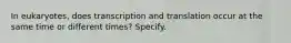 In eukaryotes, does transcription and translation occur at the same time or different times? Specify.