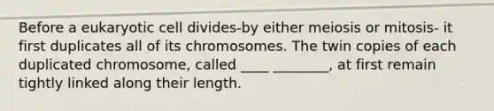 Before a eukaryotic cell divides-by either meiosis or mitosis- it first duplicates all of its chromosomes. The twin copies of each duplicated chromosome, called ____ ________, at first remain tightly linked along their length.