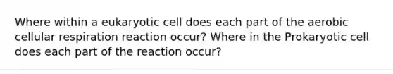 Where within a eukaryotic cell does each part of the aerobic cellular respiration reaction occur? Where in the Prokaryotic cell does each part of the reaction occur?