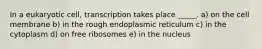 In a eukaryotic cell, transcription takes place _____. a) on the cell membrane b) in the rough endoplasmic reticulum c) in the cytoplasm d) on free ribosomes e) in the nucleus